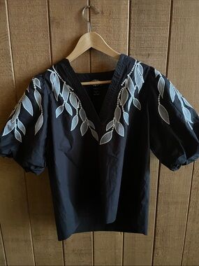 Oliver by Escio Black V-Neck Puff Sleeve Blouse with Embroidery